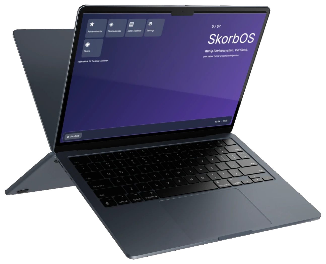 A laptop at an angle showing the Skorb OS desktop: app tiles in the top left, the SkorbOS wordmark on a violet gradient, and a taskbar with a clock