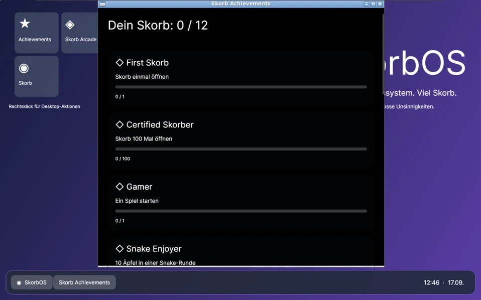 The Skorb achievements window with progress bars for First Skorb, Certified Skorber, Gamer and Snake Enjoyer