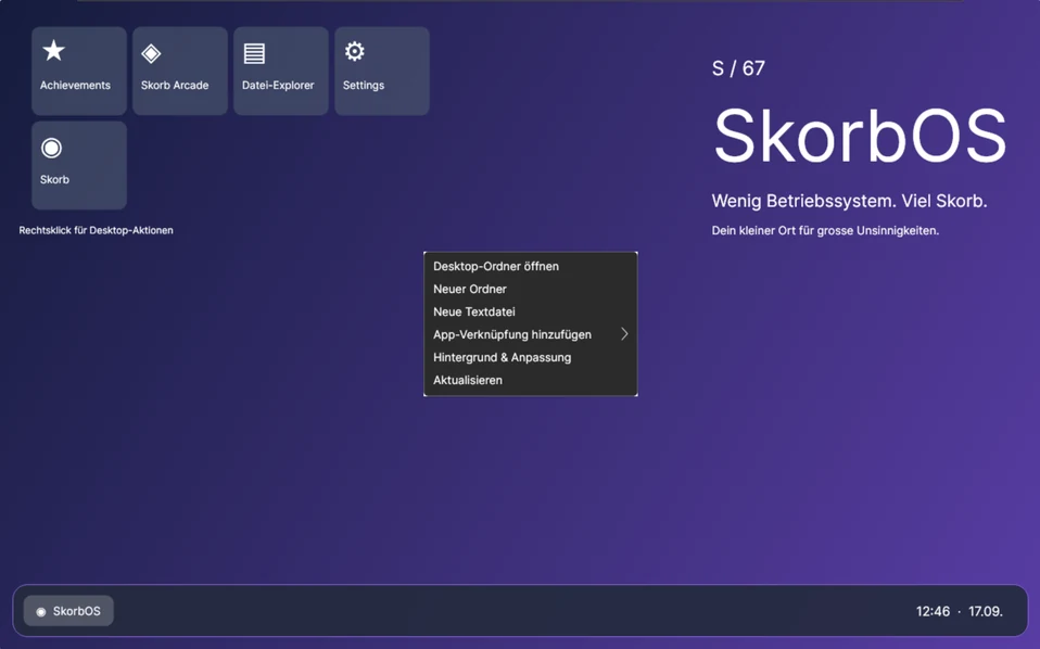The Skorb OS desktop with the right-click menu open, offering new folder, new text file and wallpaper options