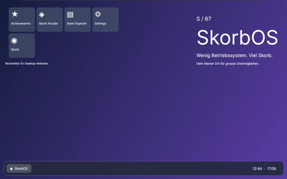 The Skorb OS desktop: app tiles top left, the SkorbOS wordmark on a violet gradient, and a taskbar showing the clock