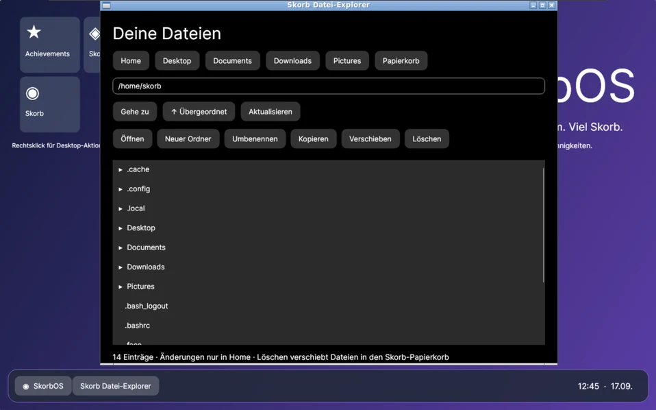 The Skorb file explorer showing the home folder with places, a path field and a list of fourteen entries