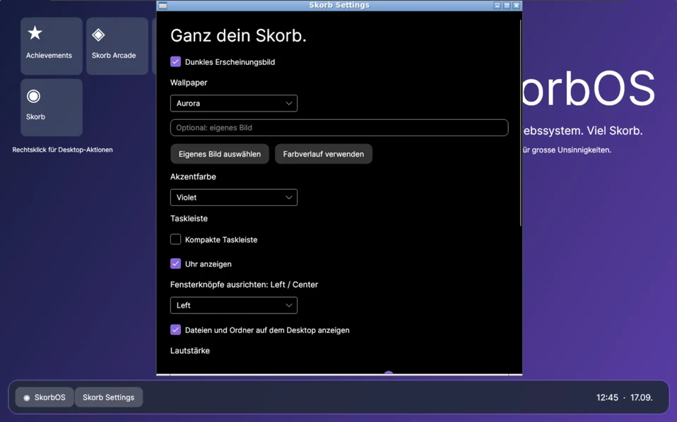 The Skorb settings window with wallpaper, accent colour, taskbar and volume options
