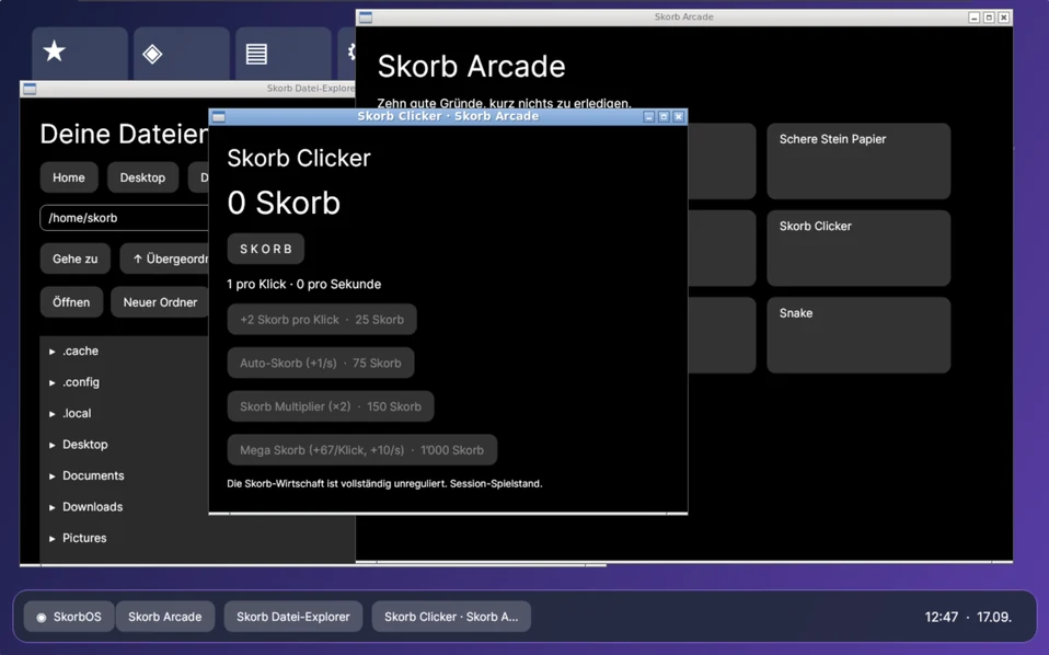 Skorb OS running the file explorer, Skorb Arcade and Skorb Clicker at once, with four entries in the taskbar