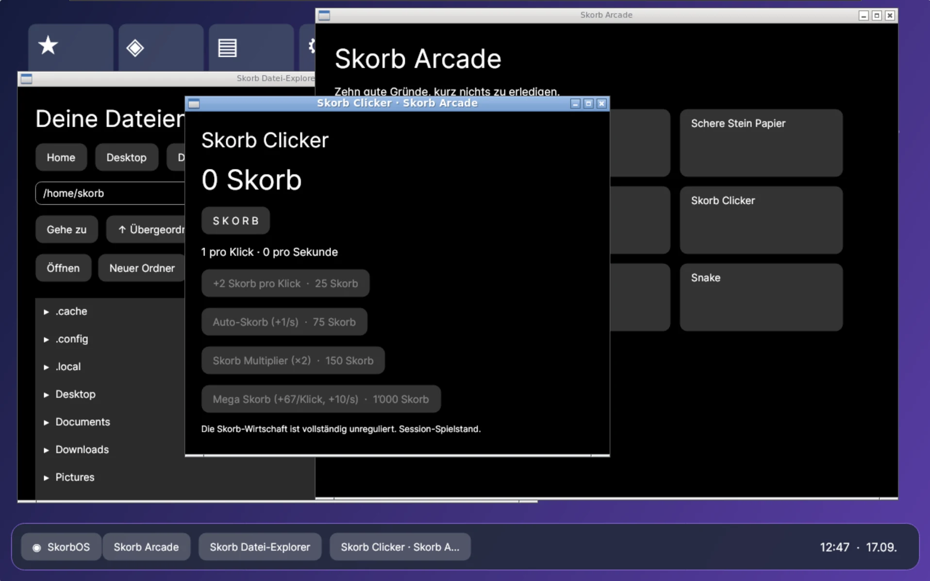 Three Skorb OS windows open at once: the file explorer, Skorb Arcade and Skorb Clicker, with four entries in the taskbar